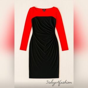 🔥 CHAPS Red & Black Long Sleeve Ruched Cocktail Dress Size S